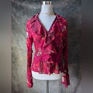 Vintage Y2K Floral Vibrant Fuchsia Folk Lace Blouse